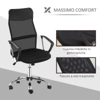 Sedia Ergonomica da Ufficio Girevole e Dondolo con Ruote, Altezza Regolabile e Schienale a Rete, 63x65x109-119 cm, Nero