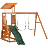 Set con Scivolo, 2 Altalene da Giardino e Parete da Arrampicata in Legno per Bambini Età 3-8 Anni