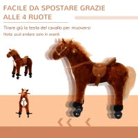 Cavallo a Dondolo per Bambini 2+ Anni con 4 Rotelle e Suoni Realistici, Dondolo per Bambini Imbottito con Poggiapiedi, 65x28x75 cm, Marrone