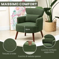 Poltrona Moderna Imbottita in Velluto con Cuscino Lombare, Schienale e Gambe in Legno, Verde