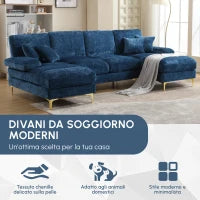 Divano componibile moderno grande in Chenille a forma di U, con Doppi Sedili Reclinabili,  Blu