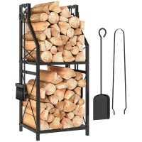 Portalegna in Metallo a 2 Livelli con 4 Ganci per Attrezzi 34x30x80 cm Nero