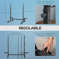 Supporto per Bilanciere Multifunzione in Acciaio, Altezza e Larghezza Regolabile, 123-170x103x111-161cm