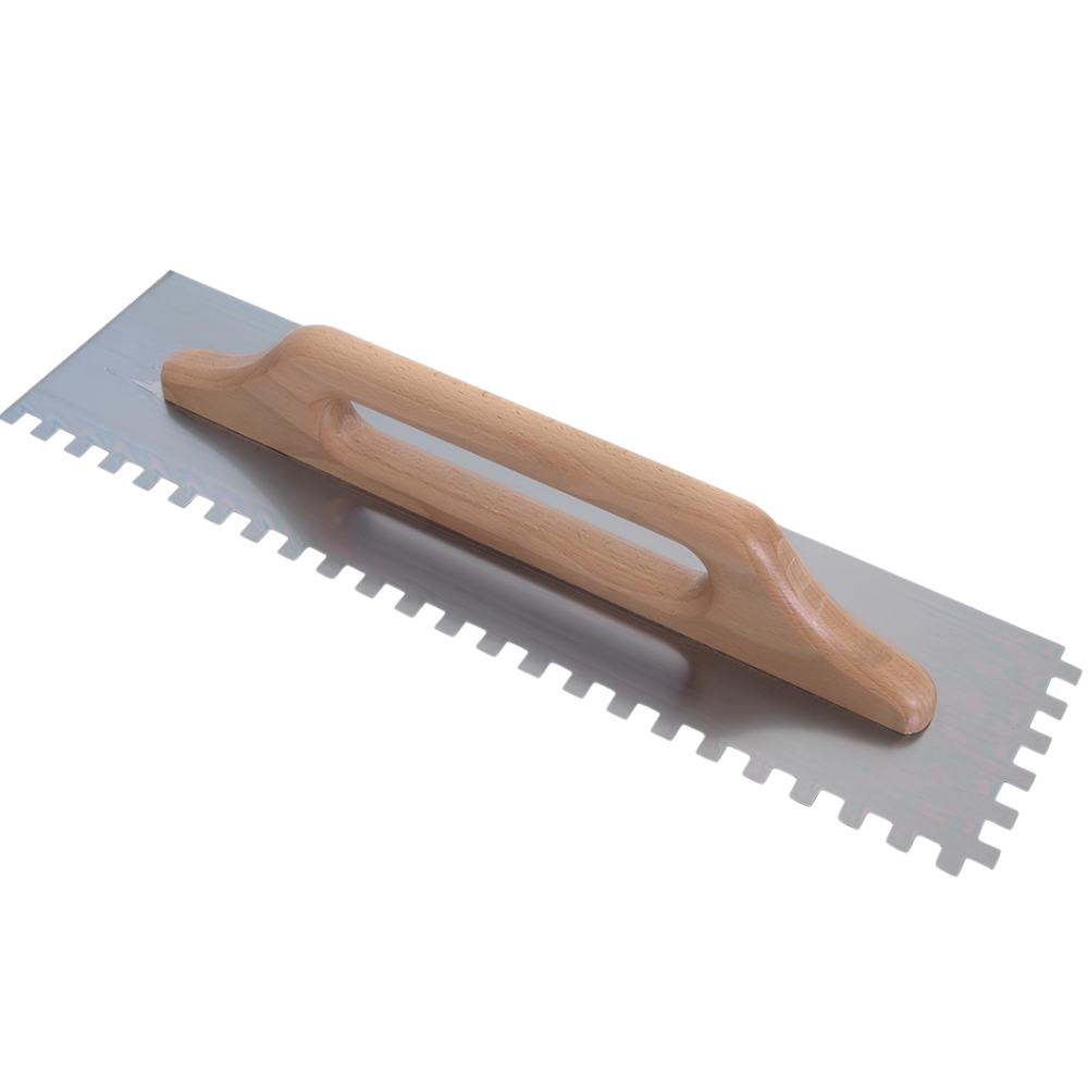 Spatola dentata acciaio 48x13cm impugnatura legno cerato 10x10mm raimondi