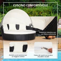 Set 4 Pzi Divano Circolare da Giardino, Mobili Componibili Rattan Nero, Tettuccio e Cuscini Beige 180x175x147cm