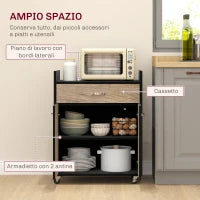 Carrello da Cucina con Cassetto, Armadietto e 4 Ruote in Legno, 60x40x77cm, Nero