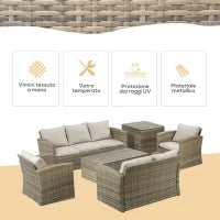 Set da Giardino 6 Pezzi in Rattan con Divani, Poltrone e Tavoli Contenitore, Beige