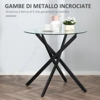 Tavolo Rotondo in Vetro e Gambe Incrociate in Metallo, Tavolino Moderno per Soggiorno e Studio, 80x80x75cm, Nero