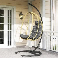 Poltrona Sospesa e Pieghevole con Cuscini, in Acciaio e Rattan PE, 102x102x195 cm, Nera Grigia e Beige