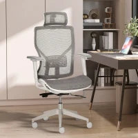 Sedia Ergonomica da Ufficio con Poggiatesta, Inclinazione e Altezza Regolabile, Poltrona Girevole Basculante con Ruote e Schiena in Rete, 67x65x120-128cm, Grigio