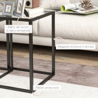 Set di 2 Tavolini Moderni Sovrapponibili Salvaspazio in Acciaio e Vetro Temperato, Nero