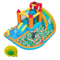 Castello gonfiabile multiuso con scivolo d'acqua, trampolino, canestro da basket e pistola ad acqua, 460x343x190 cm, Arancione