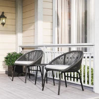 Set da Giardino con 2 Sedie con Cuscino e Tavolino da Caffè in Acciaio e Rattan PE, Nero