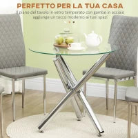 Tavolo da Pranzo Rotondo per 2-4 Persone in Vetro e Gambe in Acciaio, Ø80x74cm
