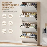 Scarpiera Salvaspazio Slim a 4 Cassetti per 20 Paia di Scarpe 62.5x26x156 cm, color Legno e Bianco