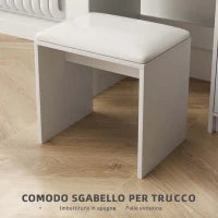 Toeletta Trucco con Specchio e Sgabello, Cassetto, Armadietto e Ripiani in Legno, Bianco