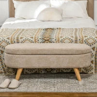 Panca Fondo Letto Imbottita con Spazio Portaoggetti a Scomparsa, in Legno e Poliestere, 110x40x43 cm, Beige
