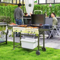 Barbecue a Gas con Piastra e Fornello, Coperchio con Termometro e Ripiani, Regolatore e Tubo Inclusi, Nero
