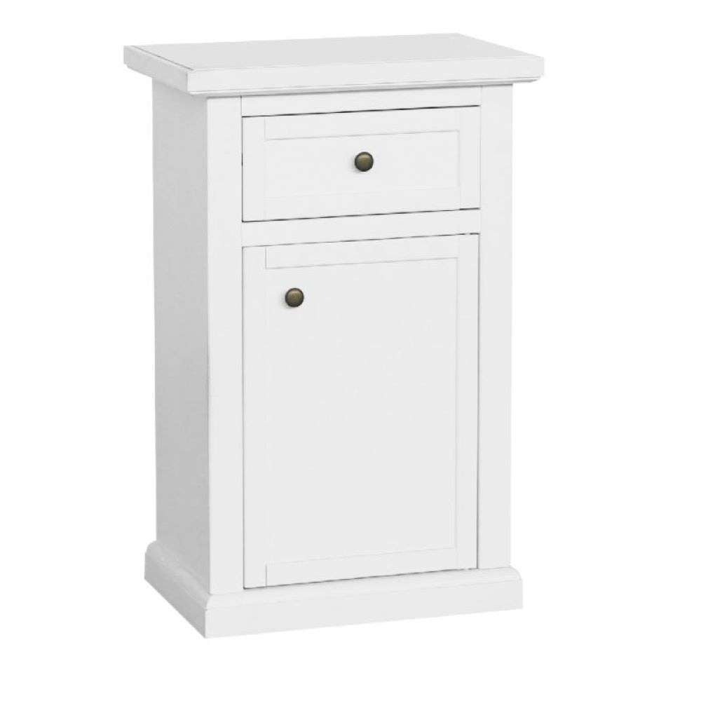 Mobiletto 1 anta 1 cassetto arte povera in legno massello e mdf con rifinitura in bianco 46x31x76 H