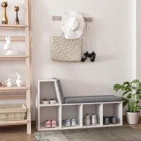 Libreria Panca 2 in 1 con 5 Scomparti Portaoggetti e 2 Cuscini, 108 x 30 x 60 cm, Bianco e Grigio