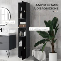 kleankin Colonna Bagno in Truciolato con 2 Ripiani Aperti e 2 Armadietti a 2 Livelli, 30x30x183 cm, Nero e Grigio