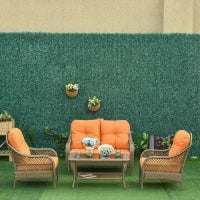Set Mobili da Giardino in Rattan PE con 2 Poltrone Divano a 2 Posti e Tavolo e Cuscini, Colore Khaki e Arancione