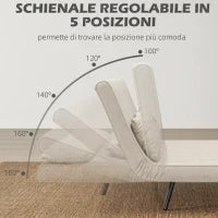 Divano Letto 3 in 1 in Tessuto Effetto Velluto con Schienale Regolabile e 2 Cuscini, 102x73x81 cm, Bianco Crema