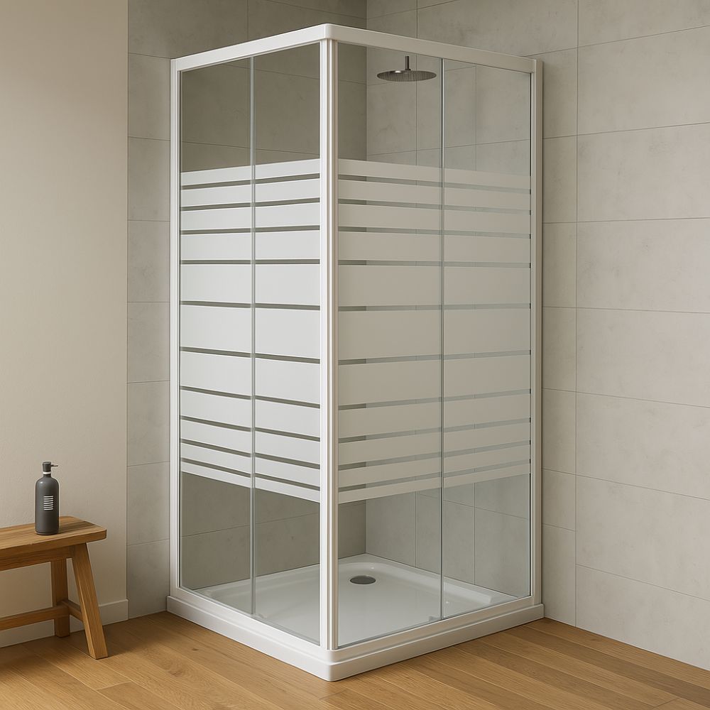 Box doccia corner due ante cristallo serigrafato temperato *** misure 76.5-79.5x116.5-119.5xh185 cm serigrafato dx, c...