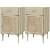 Set 2 Comodini per Camera da Letto con Cassetto e Anta in Rattan Stile Boho, Colore Legno