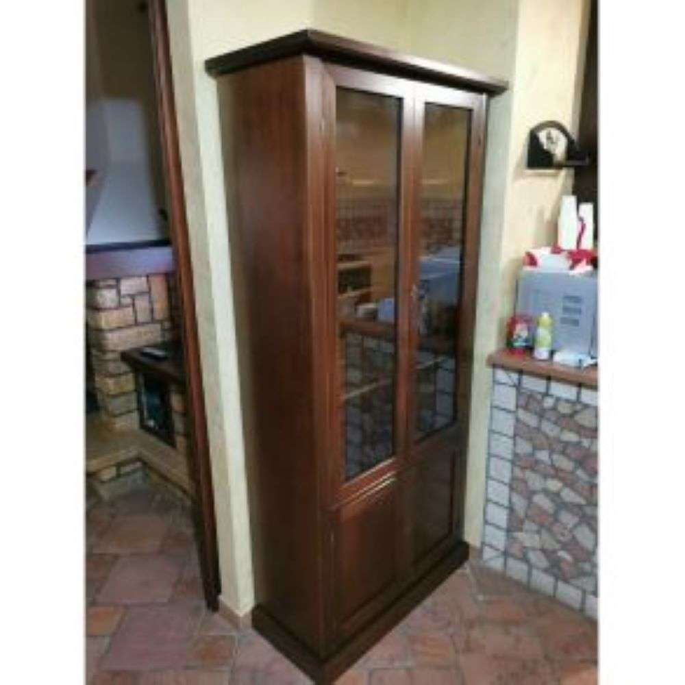 Vetrina colore noce con 2 ante 2 ante con vetro in stile classico in legno e mdf con rifinitura in noce lucido 90x41x186 H
