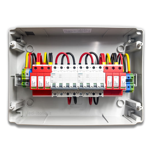 Quadro di Campo DC 2 Stringhe 2 MPPT 1000VDC 16A con Centralino IP65 12 Moduli versione con Interruttori Magnetotermici + Scaricatori Siemens / DEHN SKU-QDC2