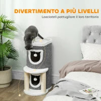 Albero Tiragraffi per Gatti Alto 76 cm con Casette, Lettino, Palline e Pali in Sisal, Grigio