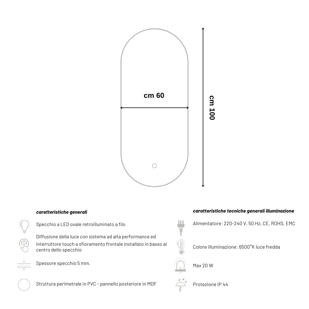 Specchio 5 mm ovale retroilluminato a filo led interruttore touch *** misure 60x100 cm, tonalità dimmerabile 2700-45...