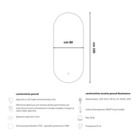 Specchio 5 mm ovale retroilluminato a filo led interruttore touch *** misure 60x100 cm, tonalità dimmerabile 2700-45...
