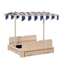 Sabbiera per Bambini in Legno con Tettuccio Parasole, Panca e Coperchio, 106x106x115 cm Bianco e Blu