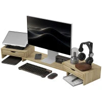 Rialzo per Monitor per Ufficio, Supporto per Schermo PC da 60-116 cm con 2 Cassetti, Lunghezza e Angolo Regolabili, Rovere