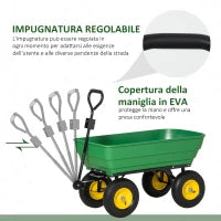 Carrello da Giardino 125L in Acciaio e PP con Vasca ribaltabile e Maniglia, 118x58x102 cm, Verde