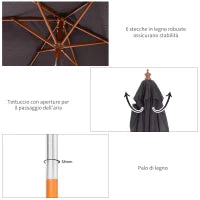 Ombrellone da Giardino Inclinabile 2x1.5 m con 6 Stecche e Palo in Legno di Abete, Grigio Scuro