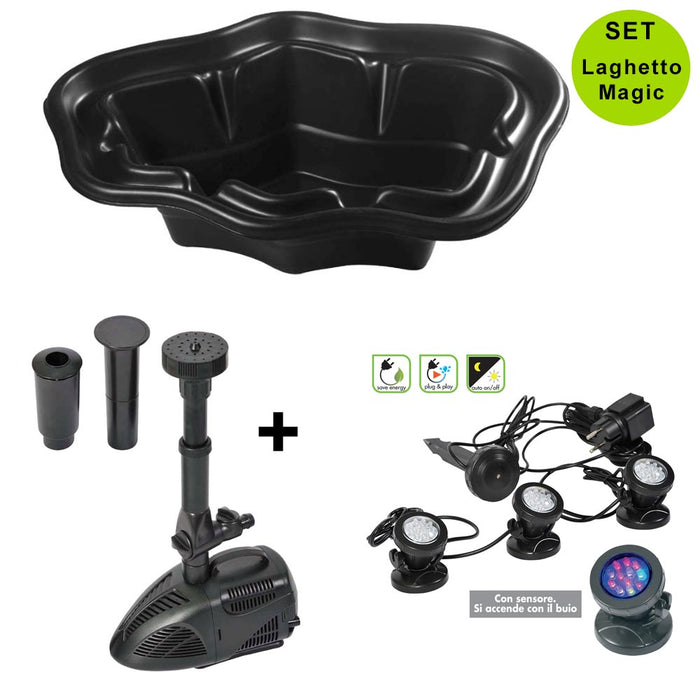 Set laghetto per giardino da 500 litri con pompa vx 1500 e 3 faretti sommergibili a led laghetto magic