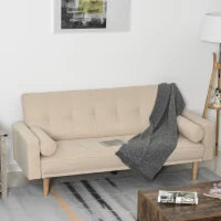 Divano Letto 3 Posti con Schienale Regolabile su 3 Livelli, 2 Cuscini e Braccioli Rimovibili, Beige, 185x84x85cm