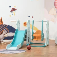 Scivolo 3 in 1 per Bambini con Altalena Regolabile, Canestro e Palle per Cameretta e Giardino, 149x186x98cm, Blu e Arancione