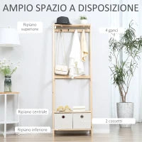 Appendiabiti in Legno Naturale con 4 Ganci, 3 Mensole e 2 Cassetti in Tessuto, 58x36x168cm