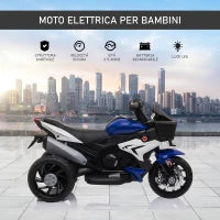 Moto Elettrica per Bambini 3-5 Anni 6V (max. 25kg), Velocità 3km/h, Motorino Elettrica per Bimbi con 3 Ruote, Luci e Suoni, Blu e Nero, 86x42x52cm