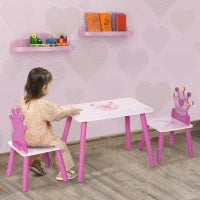 Set Tavolo e 2 Sedie a Tema Principesse per Cameretta Bambini in Legno Rosa con Schienale a Forma di Corona