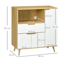 Mobiletto per Microonde con Ripiano Aperto, Armadietti e Cassetto, 90x40x98.5cm Bianco e Legno