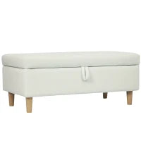 Pouf Contenitore Rivestito in Velluto con Gambe in Legno, Capacità 71L, 100x50x43 cm, Bianco Crema