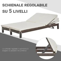 Lettino Prendisole a 2 Posti, Sdraio in Acciaio e Rattan, Schienale Regolabile, 196 x 120 x 28cm Marrone e Bianco Crema