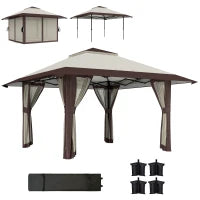 Gazebo da Giardino 4 x 4 m, Gazebo con Pareti a Rete, Protezione UPF50+, Gazebo Regolabile in Altezza, Beige
