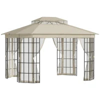 Gazebo da Giardino con Zanzariera, Tetto a 2 Livelli e Struttura in Metallo, 3.7x3m, Beige
