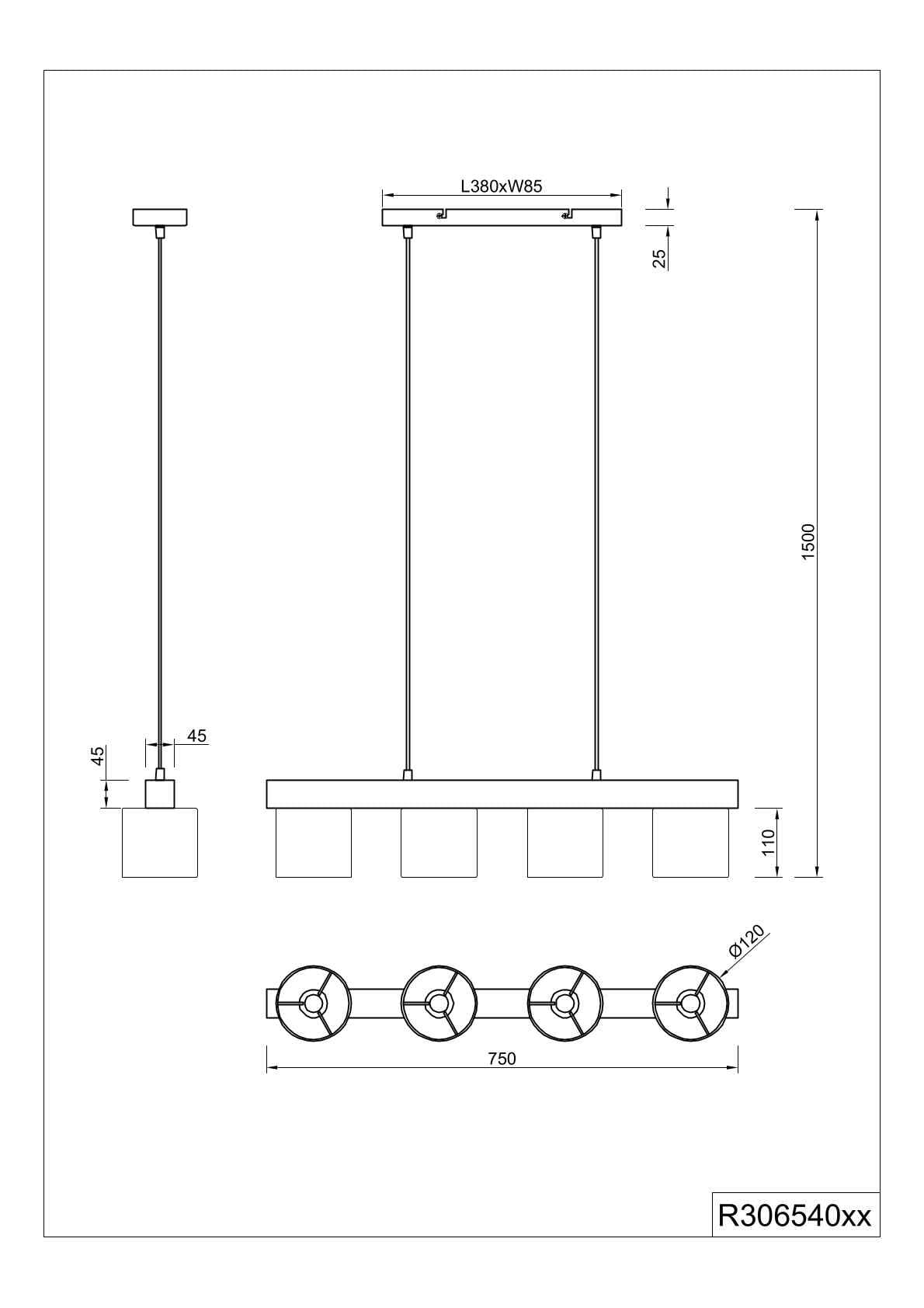 Lampada a sospensione 4 paralumi, legno, nero, L 75 cm, Cameron